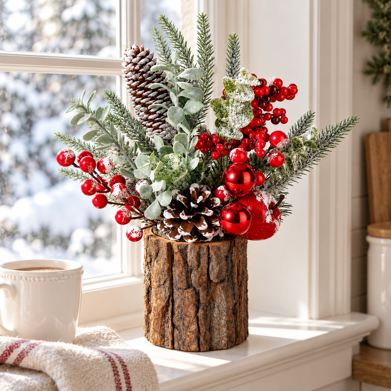 Rustic Christmas Tabletop Arrangement with Red Berries