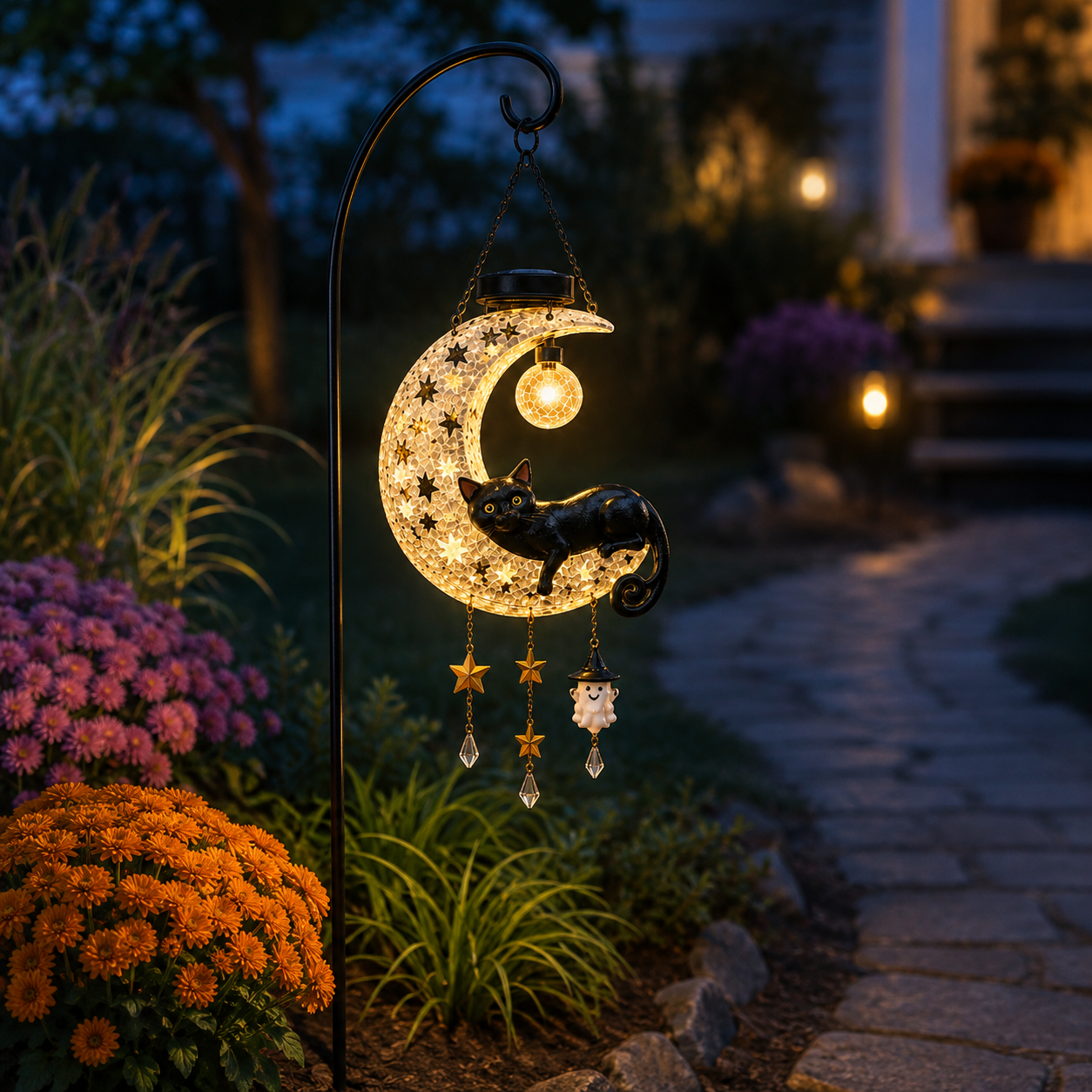 Solar Crescent Moon Black Cat Hanging Lantern