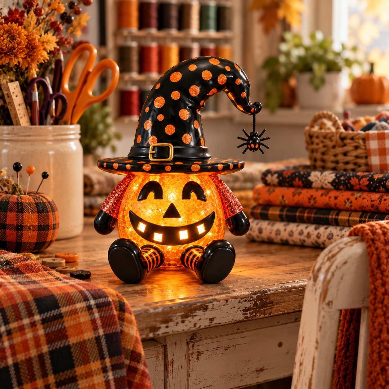 Light-Up Halloween Pumpkin Witch Figurine
