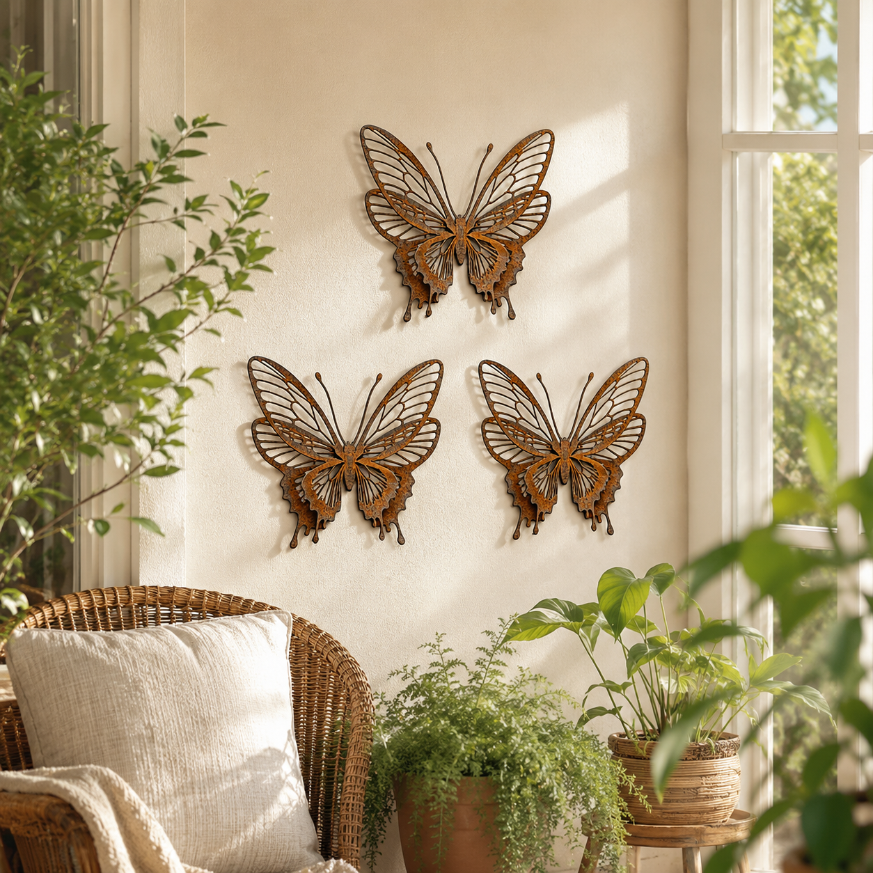 3 Pack Vintage Rust Metal Butterfly Garden Sculptures