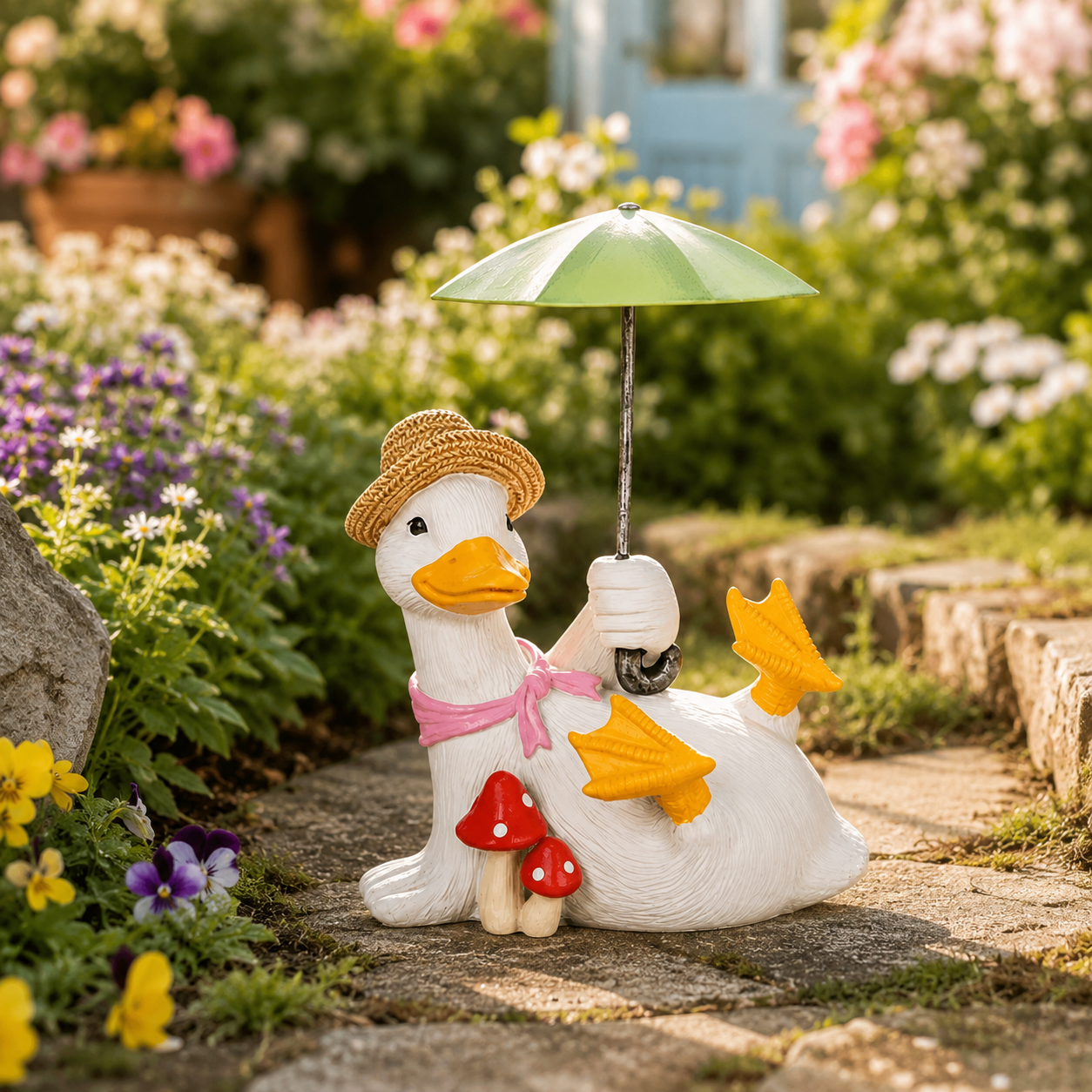 Whimsical Duck with Umbrella Garden Statue