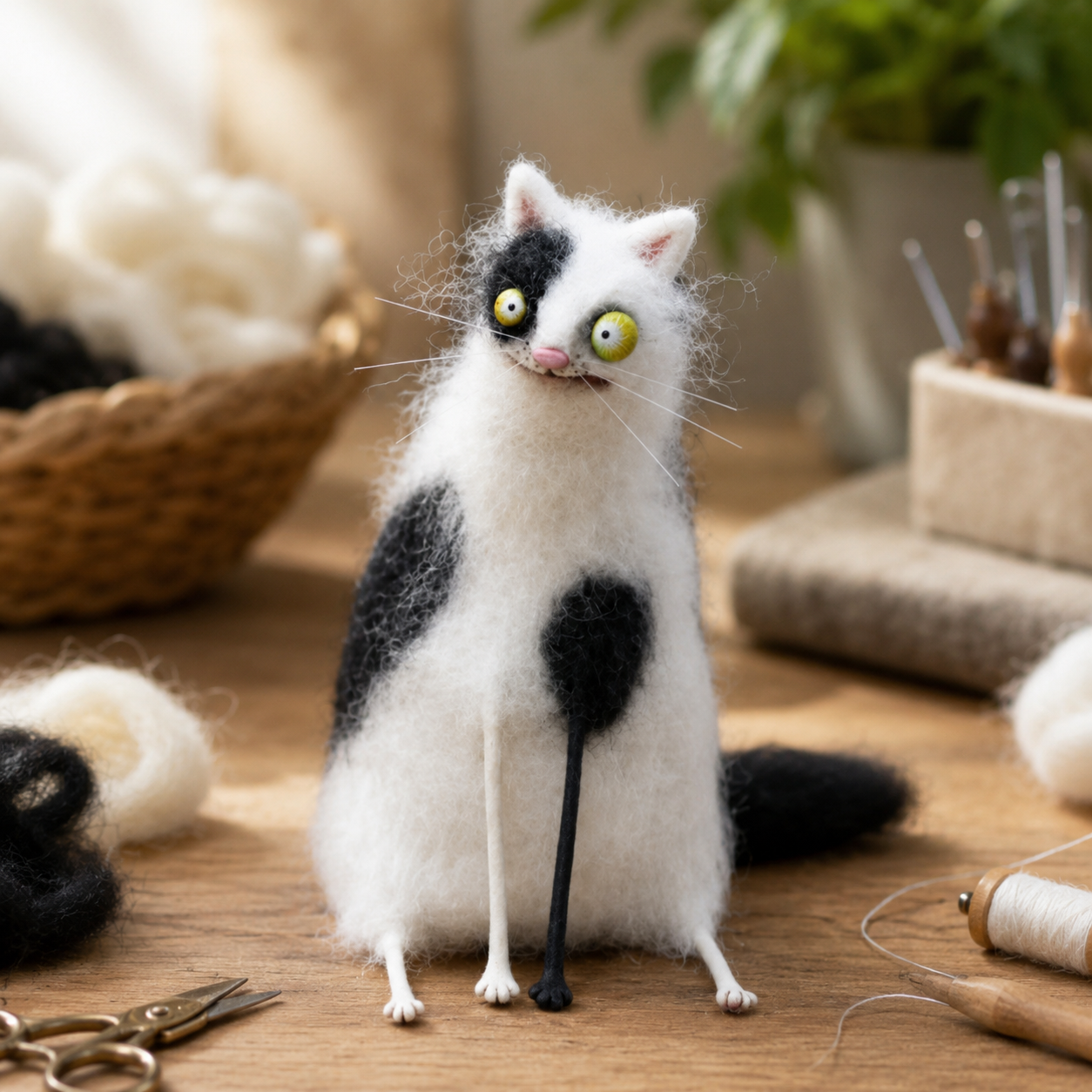 Big-Eyed Panicked Weirdo Handmade Wool Felt Cat Figurine