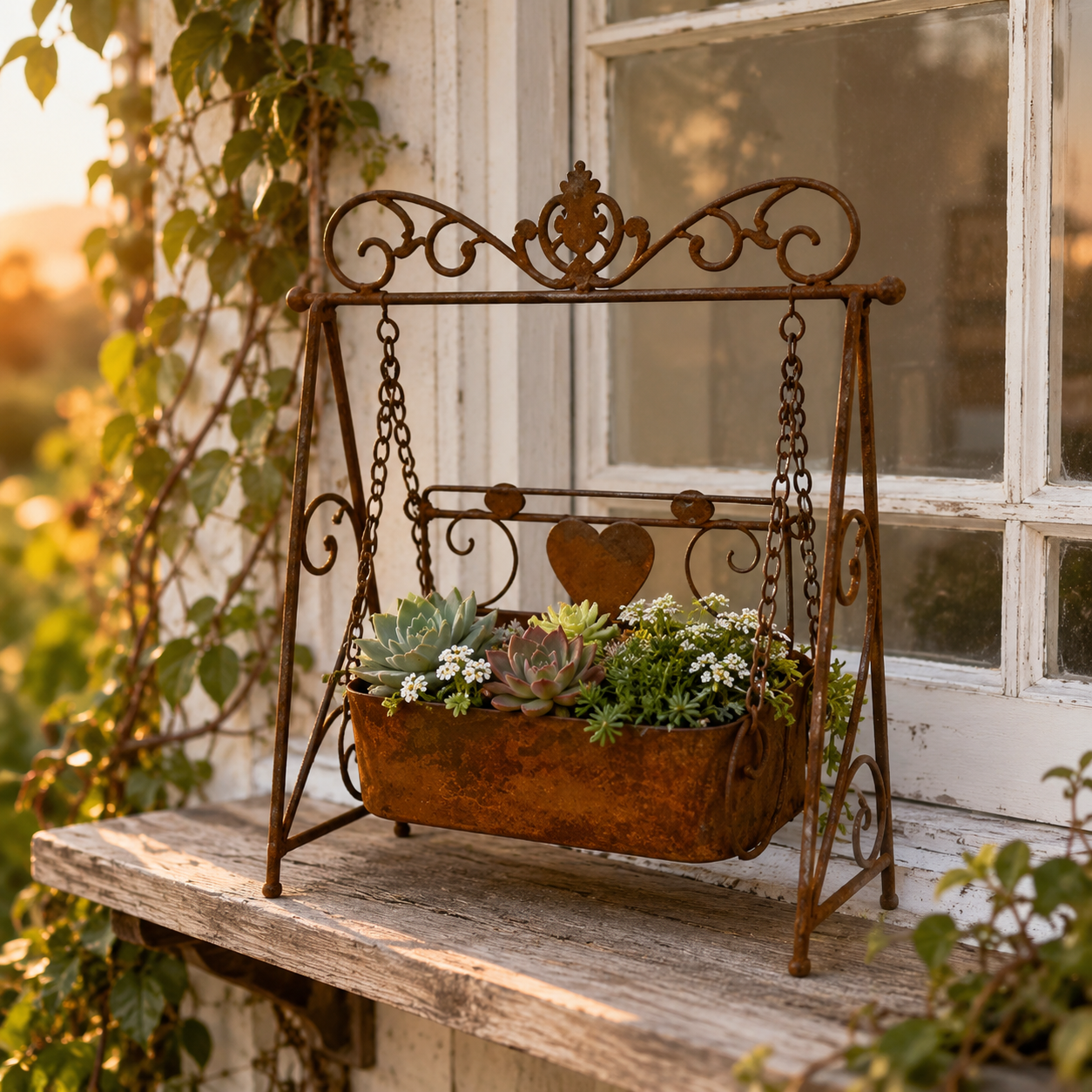 Rustic Metal Swing Chair Planter