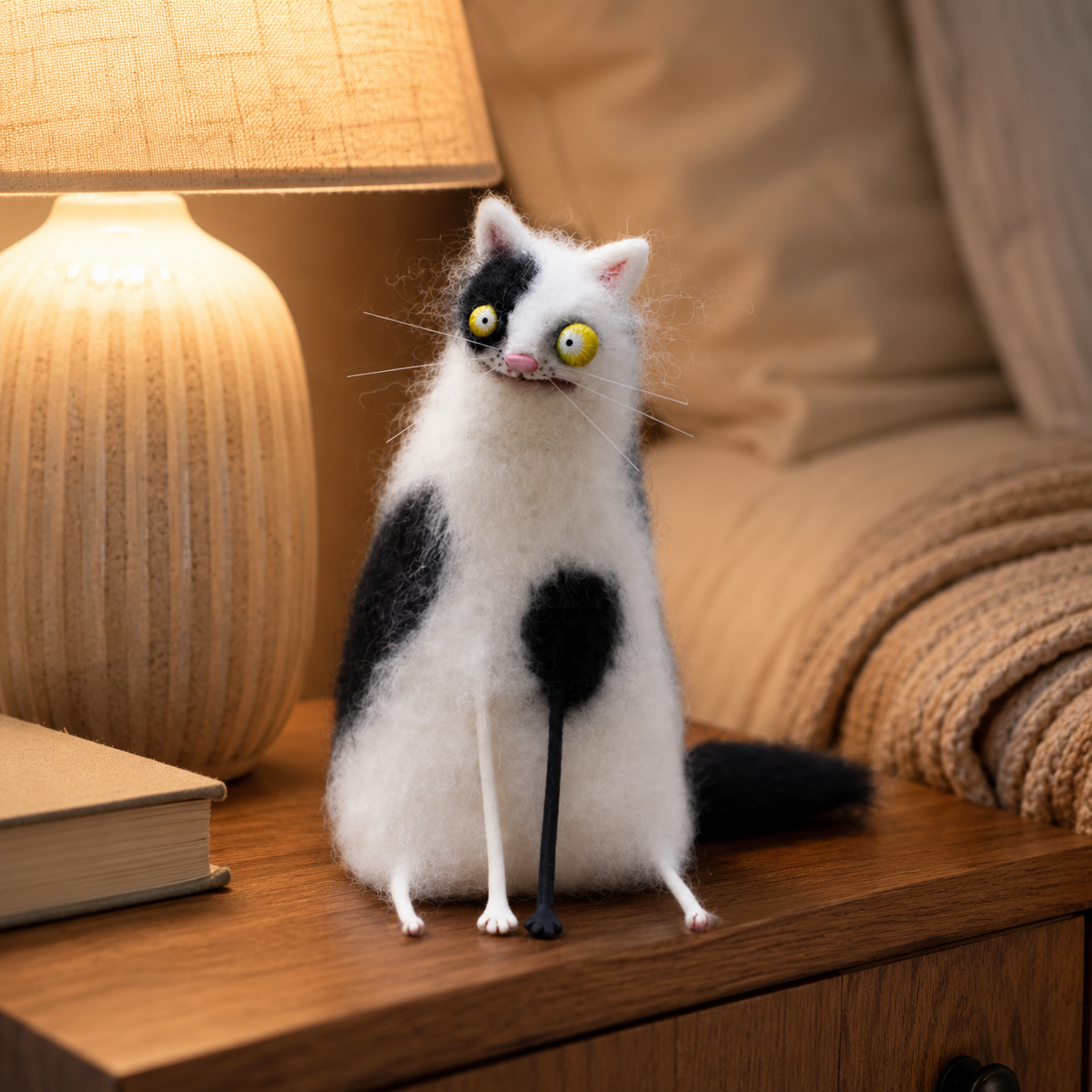 Big-Eyed Panicked Weirdo Handmade Wool Felt Cat Figurine