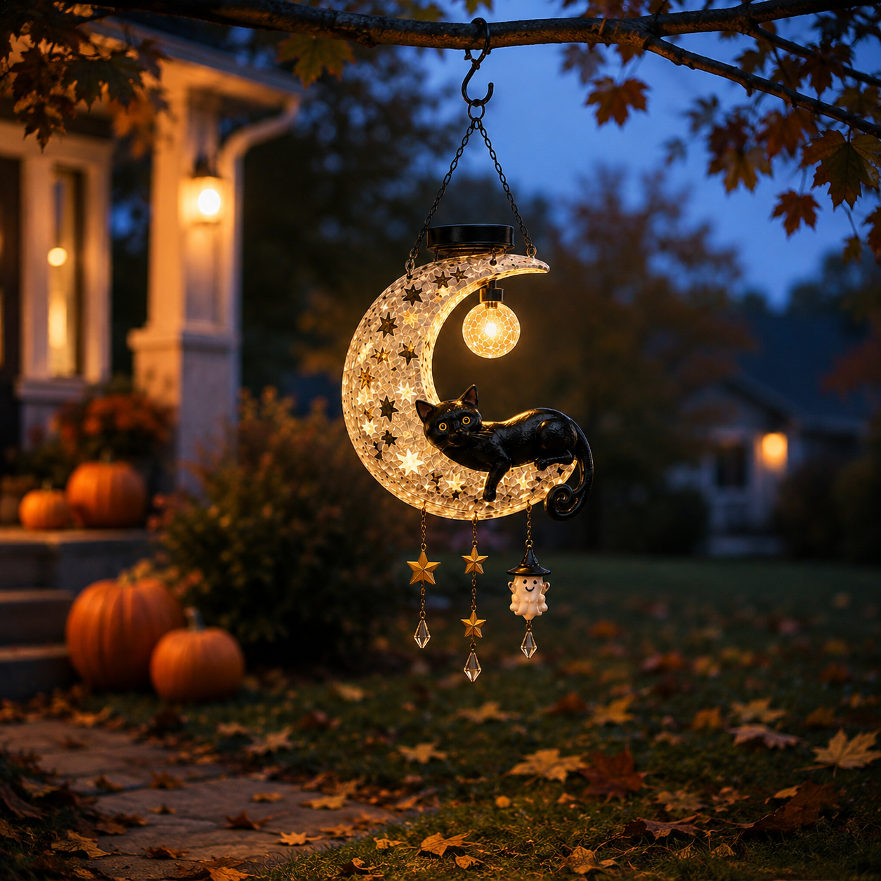 Solar Crescent Moon Black Cat Hanging Lantern