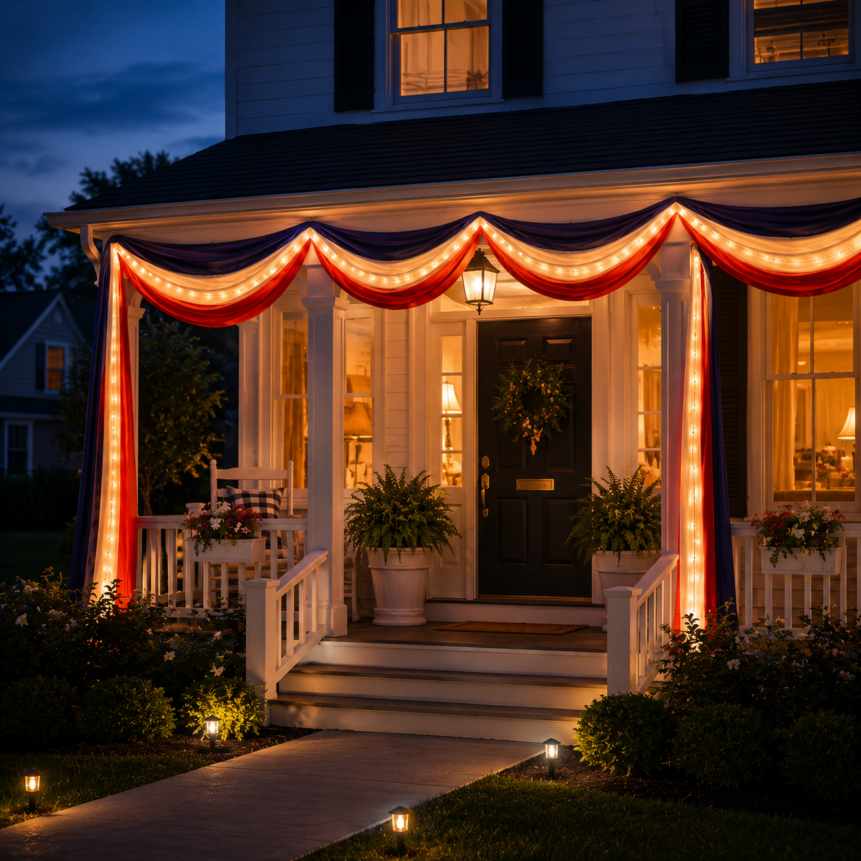 American Flag Triangular Banner 2x20ft Patriotic Theme Banner (Optional Warm White String Lights)