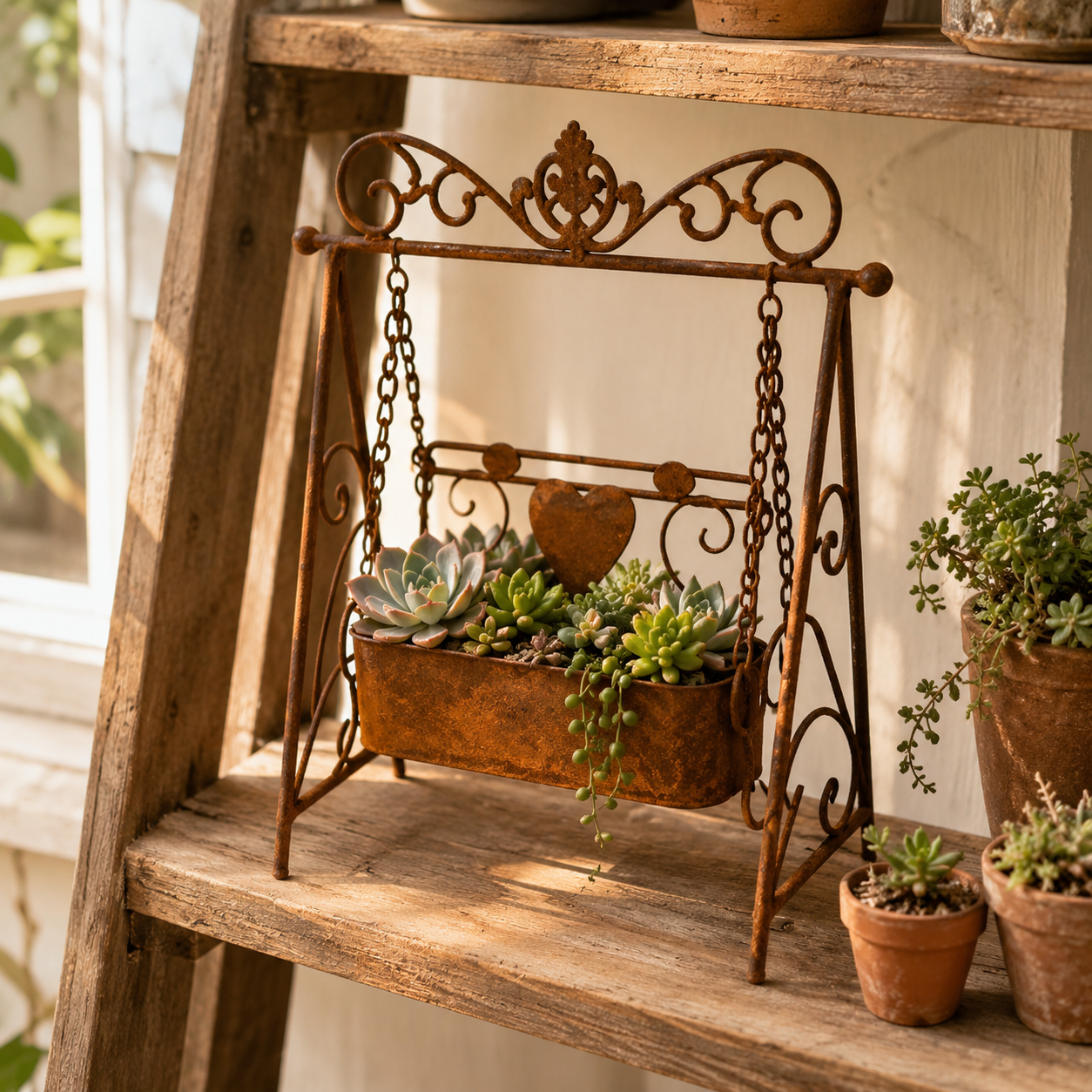 Rustic Metal Swing Chair Planter