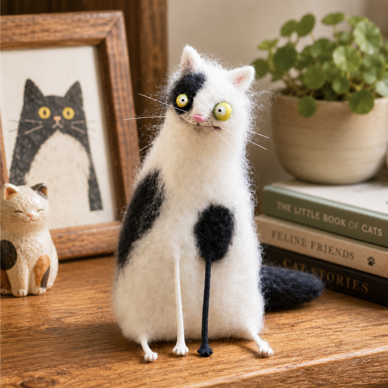 Big-Eyed Panicked Weirdo Handmade Wool Felt Cat Figurine