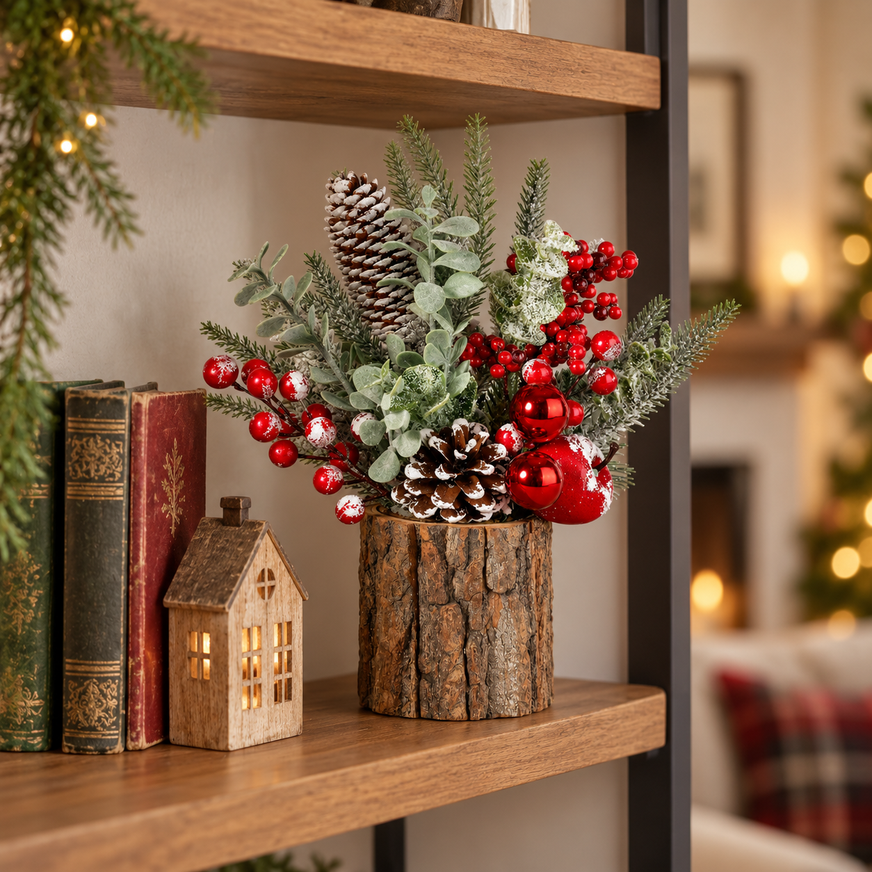 Rustic Christmas Tabletop Arrangement with Red Berries