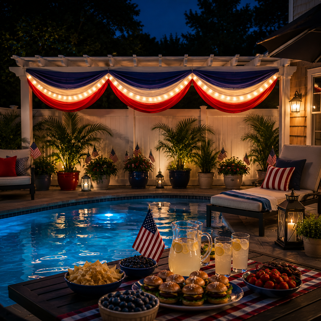 American Flag Triangular Banner 2x20ft Patriotic Theme Banner (Optional Warm White String Lights)