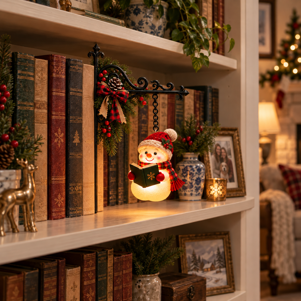 Christmas Snowman Reading Bookshelf Light