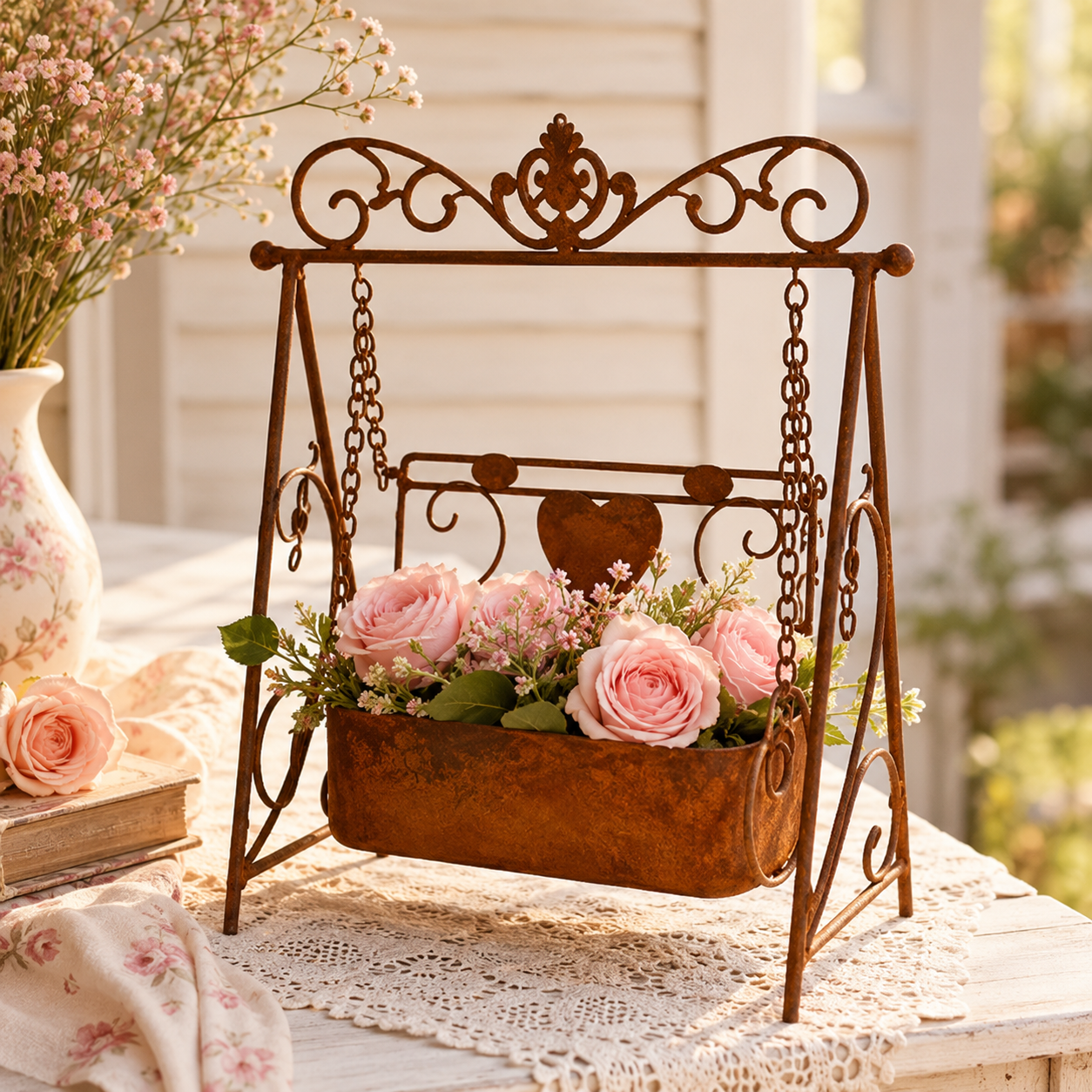 Rustic Metal Swing Chair Planter