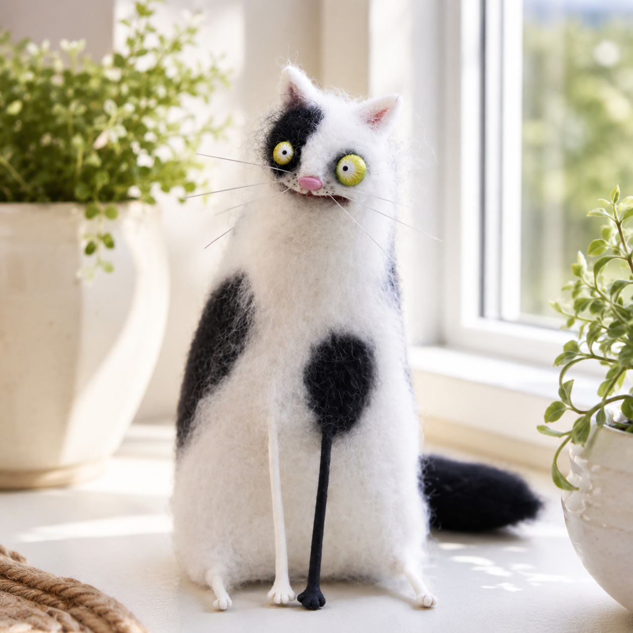 Big-Eyed Panicked Weirdo Handmade Wool Felt Cat Figurine