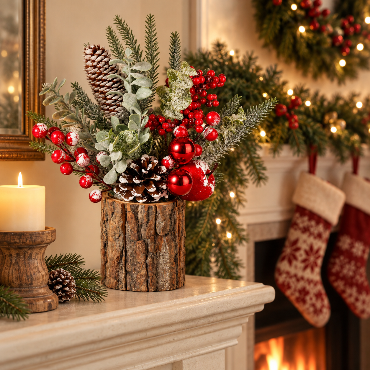 Rustic Christmas Tabletop Arrangement with Red Berries