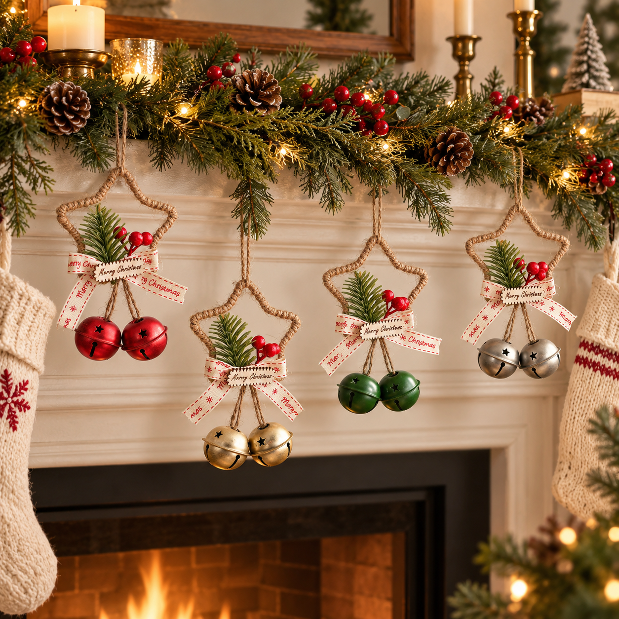 4-Piece Rustic Christmas Star Bell Hanging Ornaments