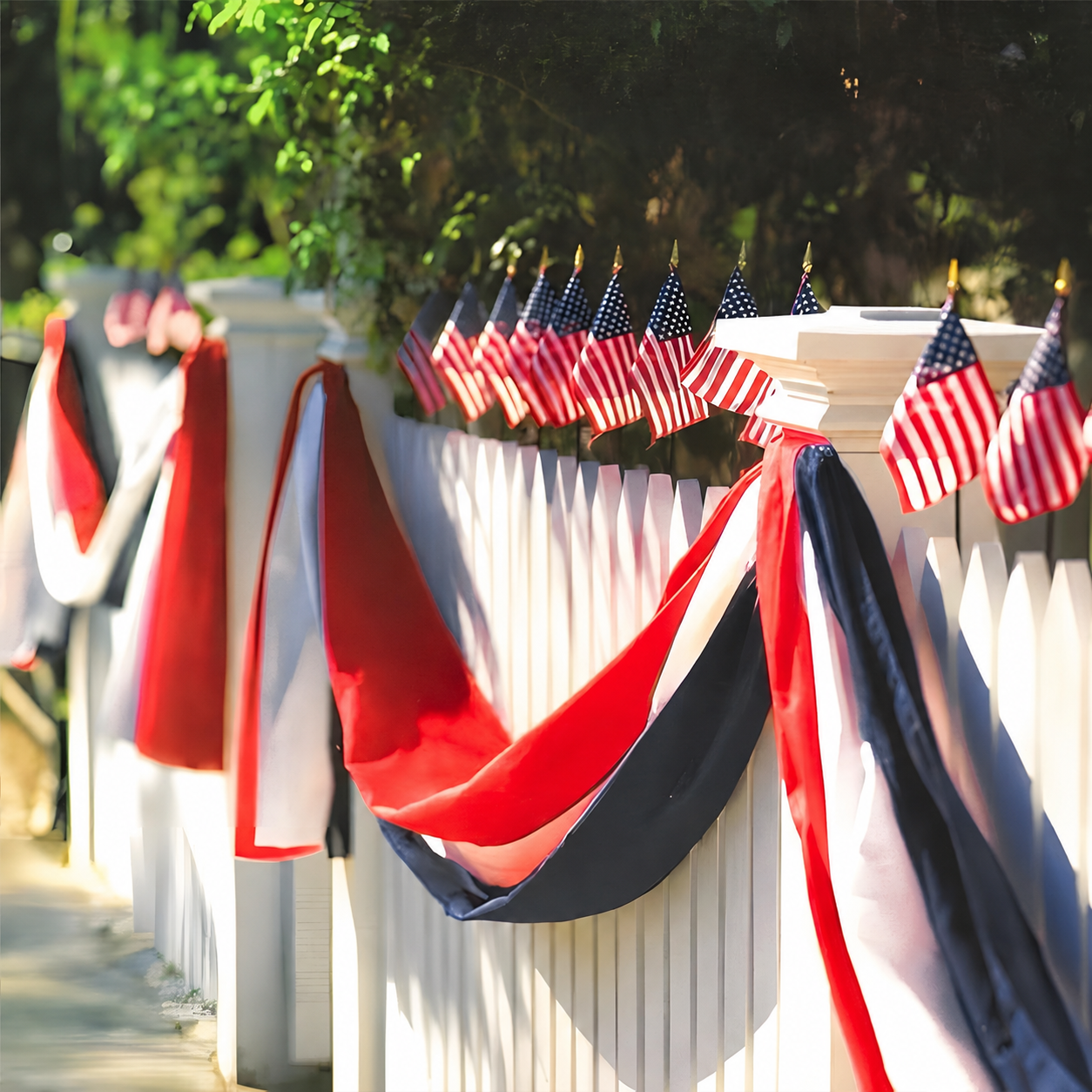 American Flag Triangular Banner 2x20ft Patriotic Theme Banner (Optional Warm White String Lights)