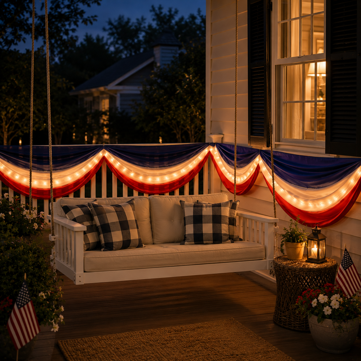 American Flag Triangular Banner 2x20ft Patriotic Theme Banner (Optional Warm White String Lights)