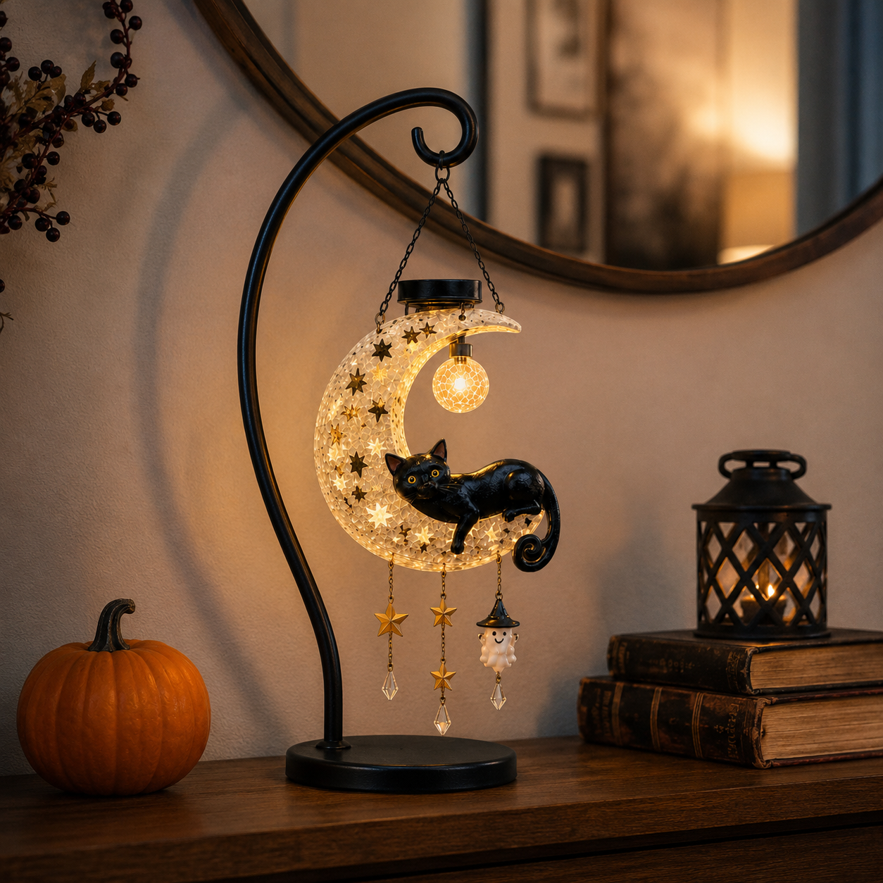 Solar Crescent Moon Black Cat Hanging Lantern