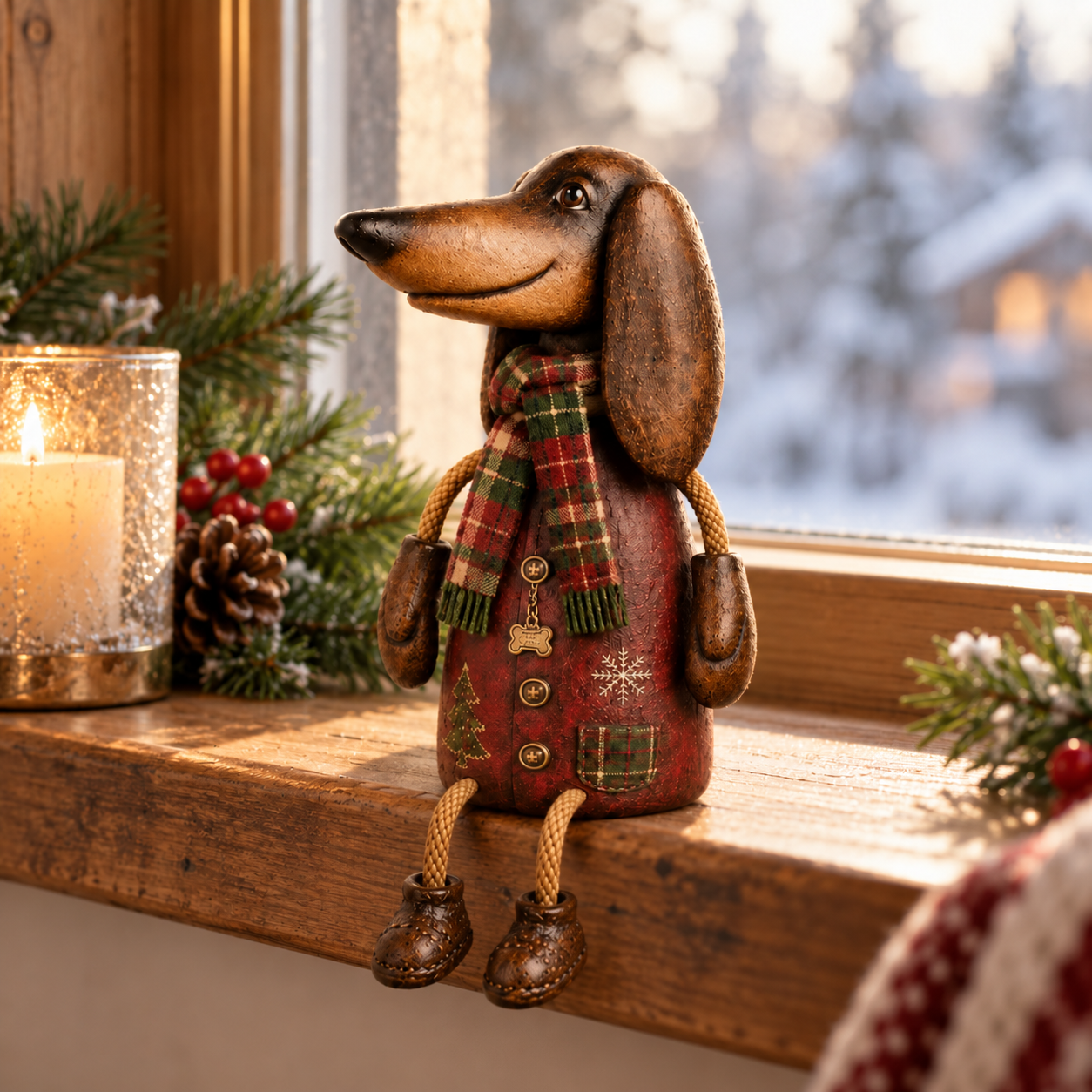 Christmas Dachshund Figurine with Plaid Scarf