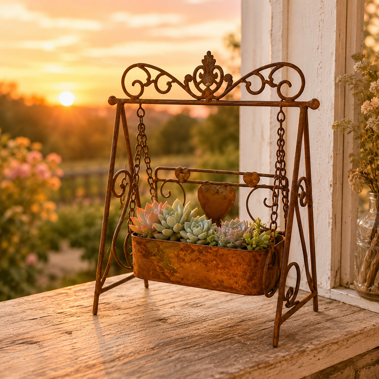 Rustic Metal Swing Chair Planter
