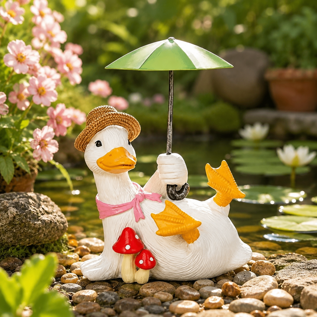 Whimsical Duck with Umbrella Garden Statue