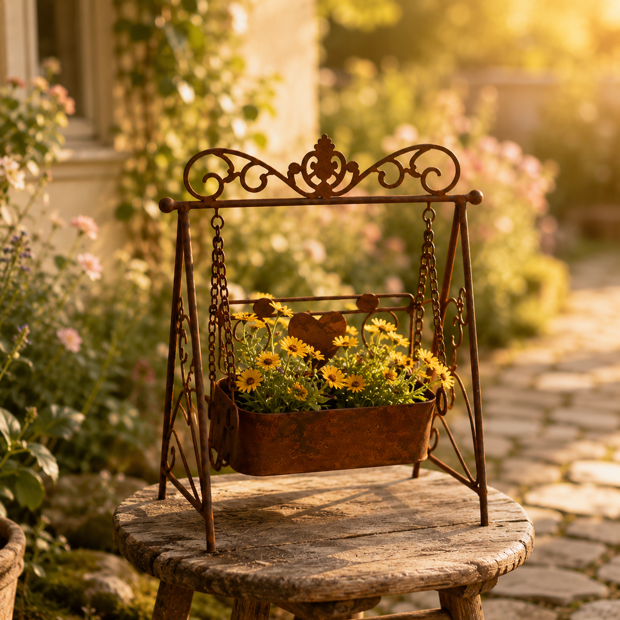 Rustic Metal Swing Chair Planter