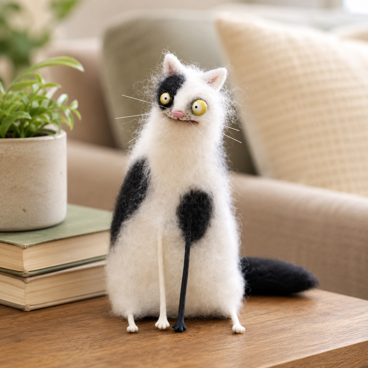 Big-Eyed Panicked Weirdo Handmade Wool Felt Cat Figurine
