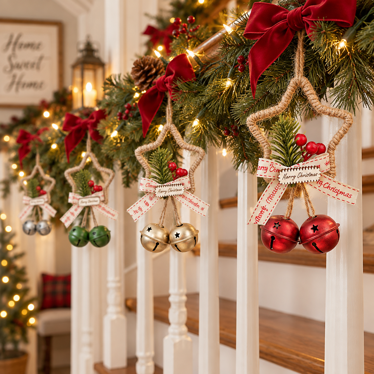 4-Piece Rustic Christmas Star Bell Hanging Ornaments