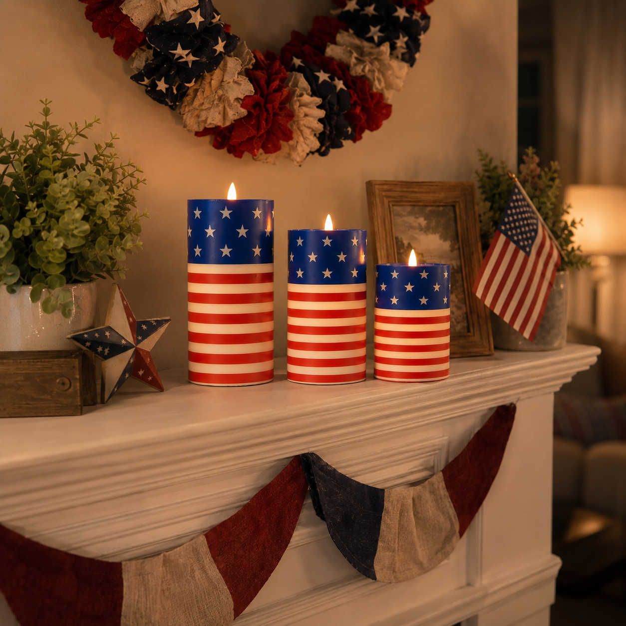 3PCS American Flag Flameless Candles with Moving Flame