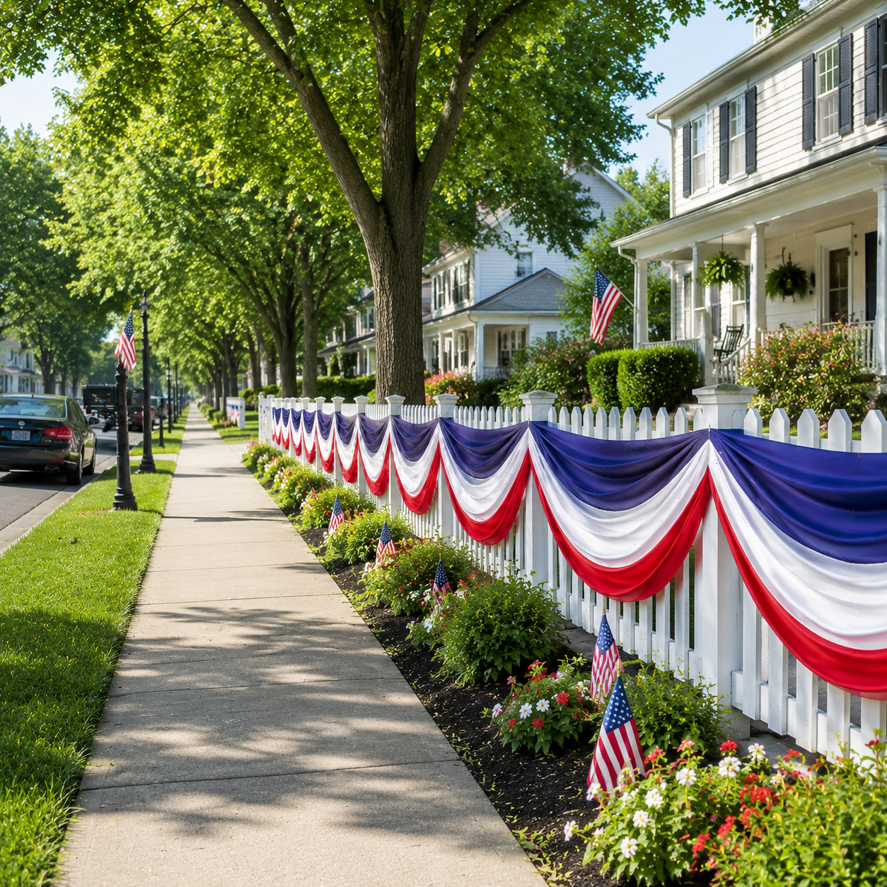 American Flag Triangular Banner 2x20ft Patriotic Theme Banner (Optional Warm White String Lights)