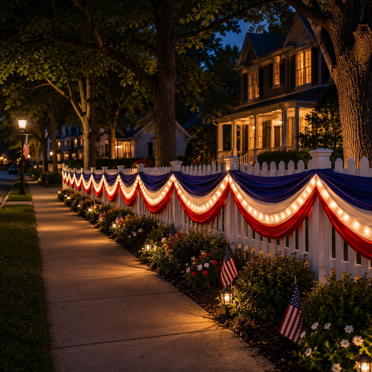 American Flag Triangular Banner 2x20ft Patriotic Theme Banner (Optional Warm White String Lights)