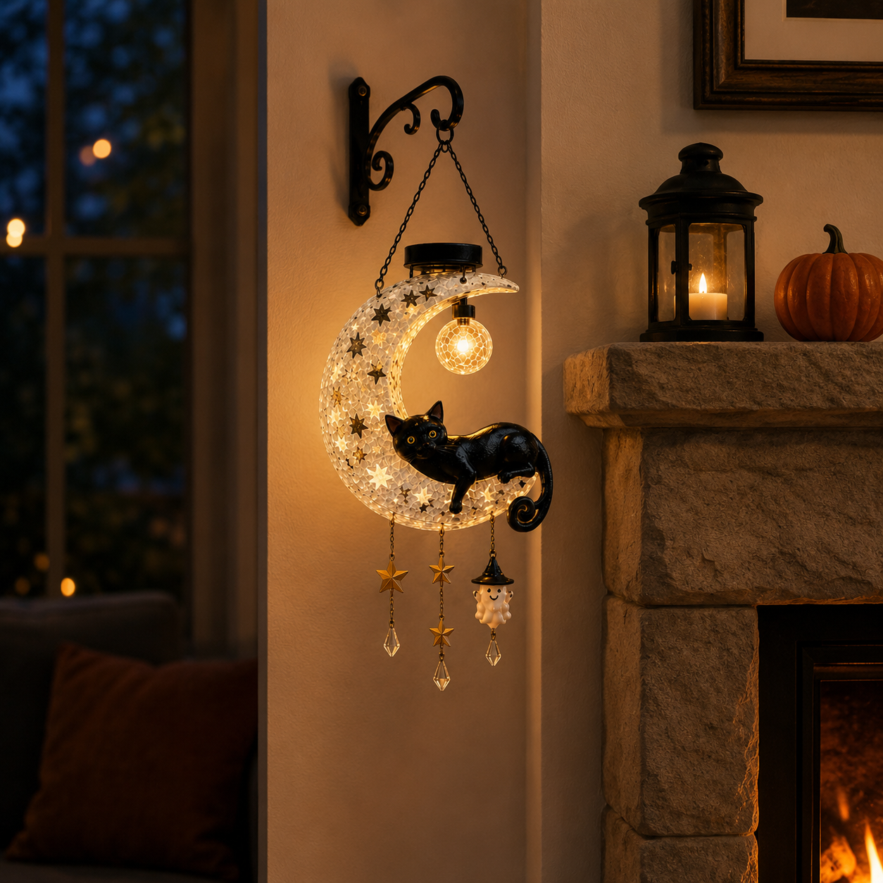 Solar Crescent Moon Black Cat Hanging Lantern