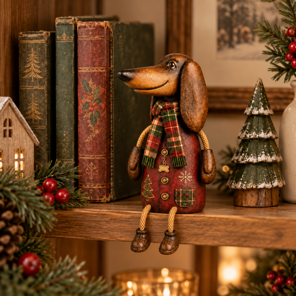 Christmas Dachshund Figurine with Plaid Scarf