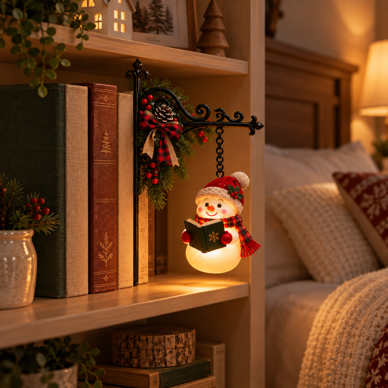 Christmas Snowman Reading Bookshelf Light
