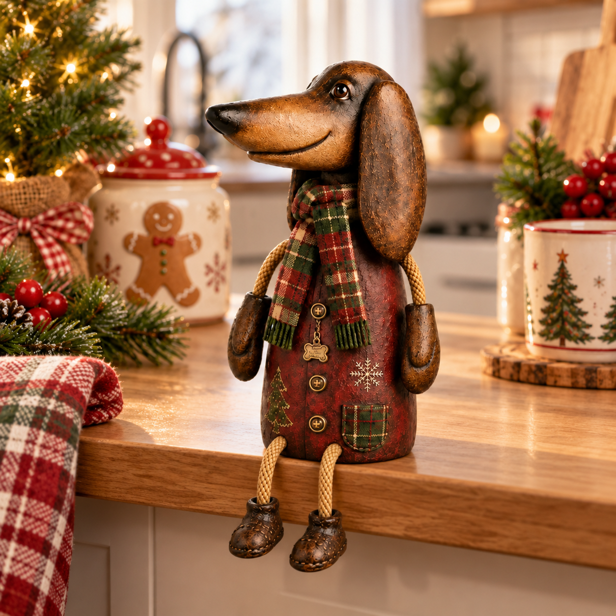 Christmas Dachshund Figurine with Plaid Scarf