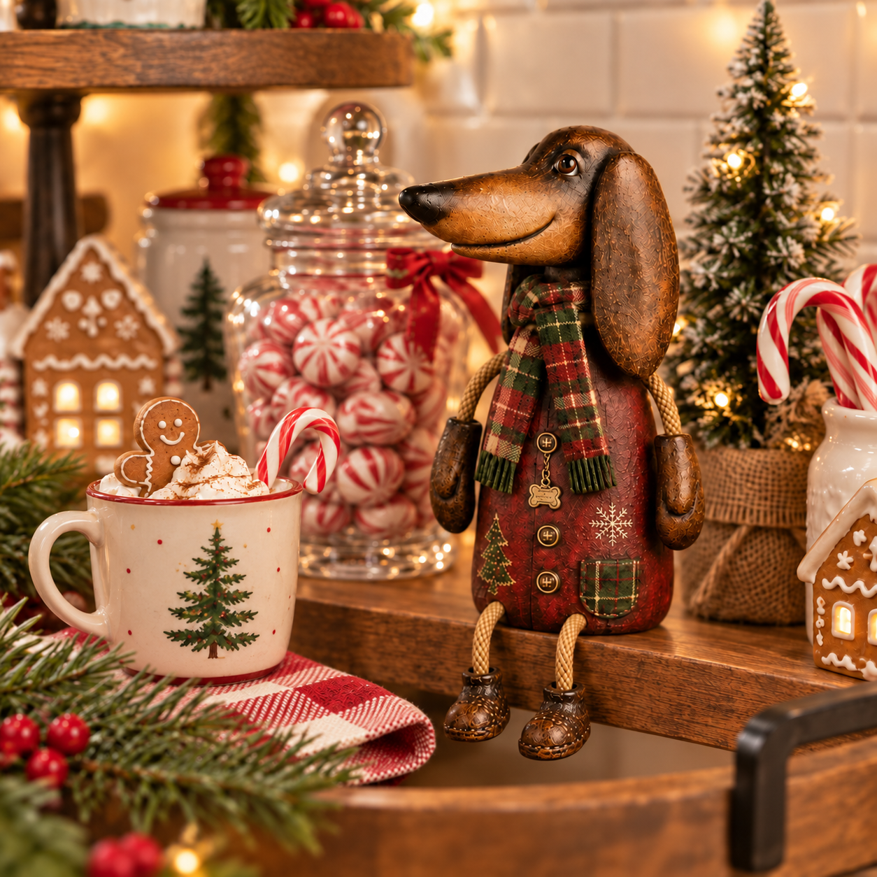 Christmas Dachshund Figurine with Plaid Scarf