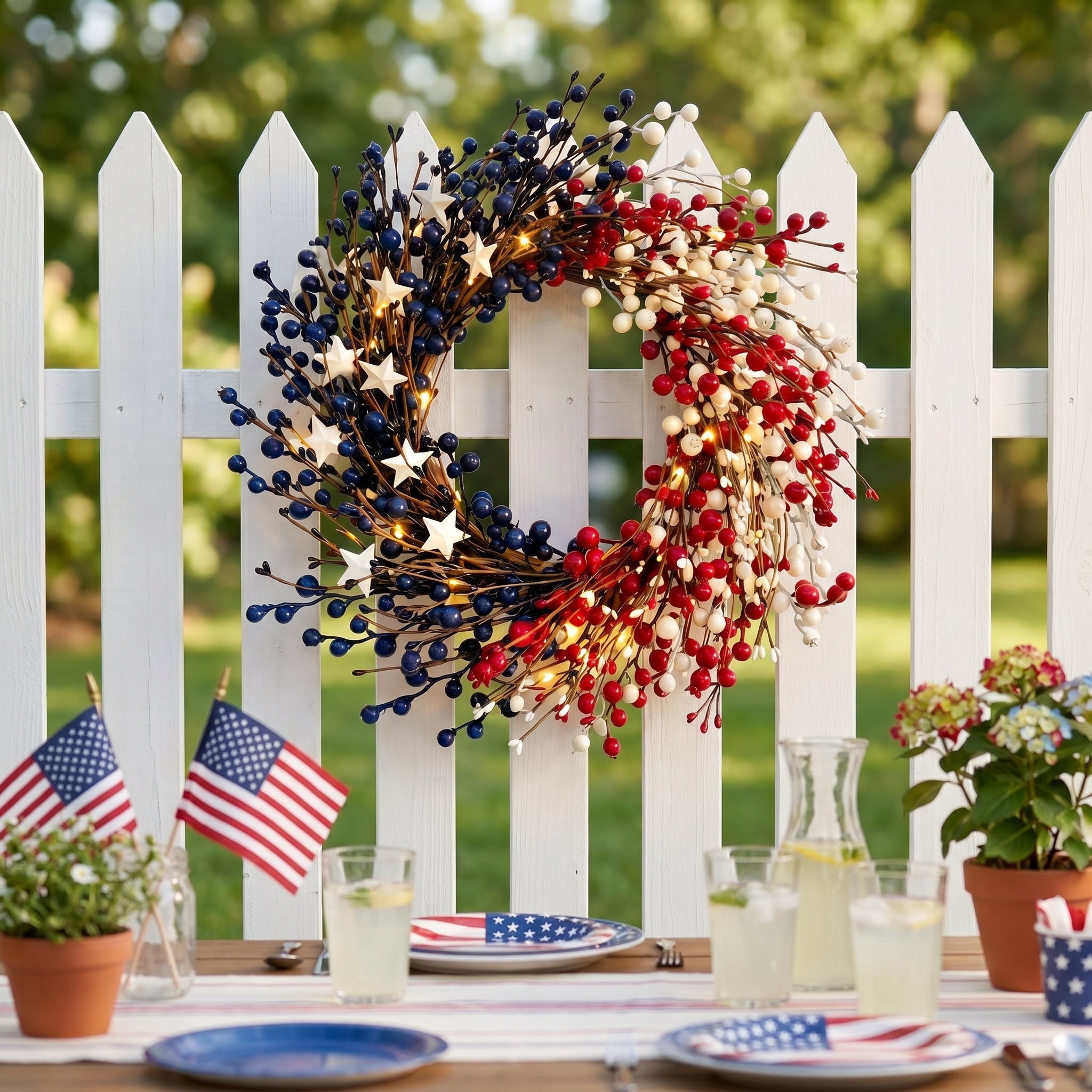 Lighted Patriotic Berry Wreath with Warm LED String Lights
