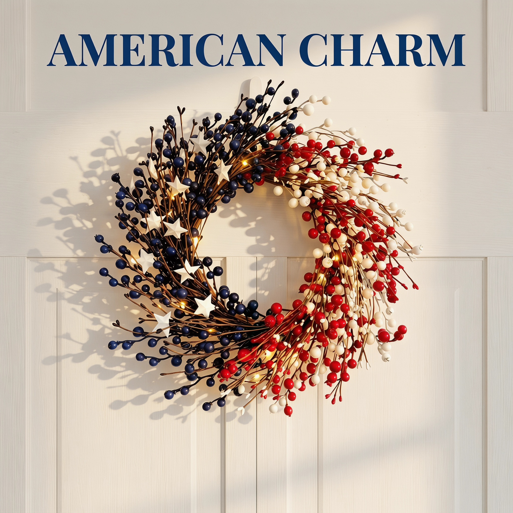 Lighted Patriotic Berry Wreath with Warm LED String Lights