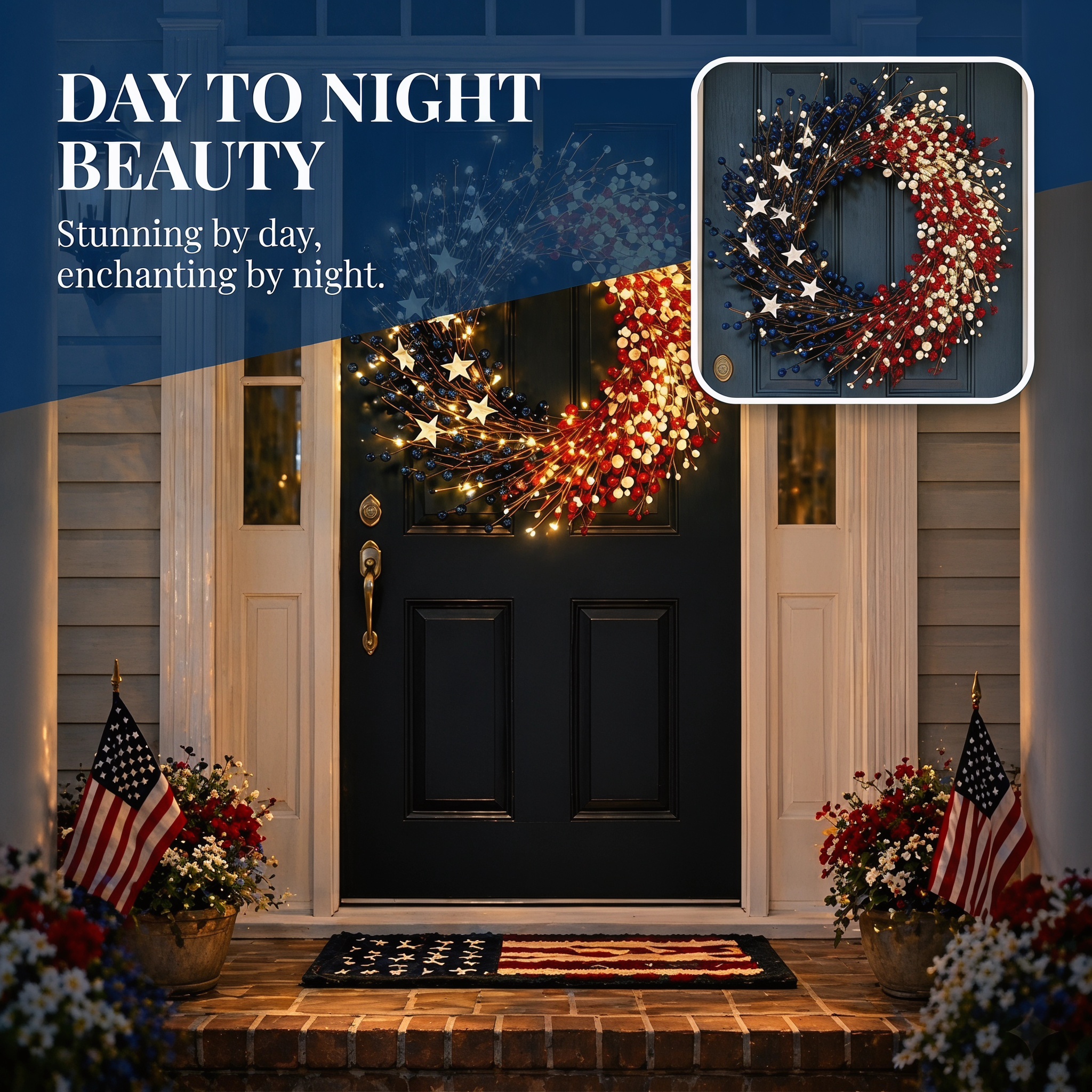 Lighted Patriotic Berry Wreath with Warm LED String Lights
