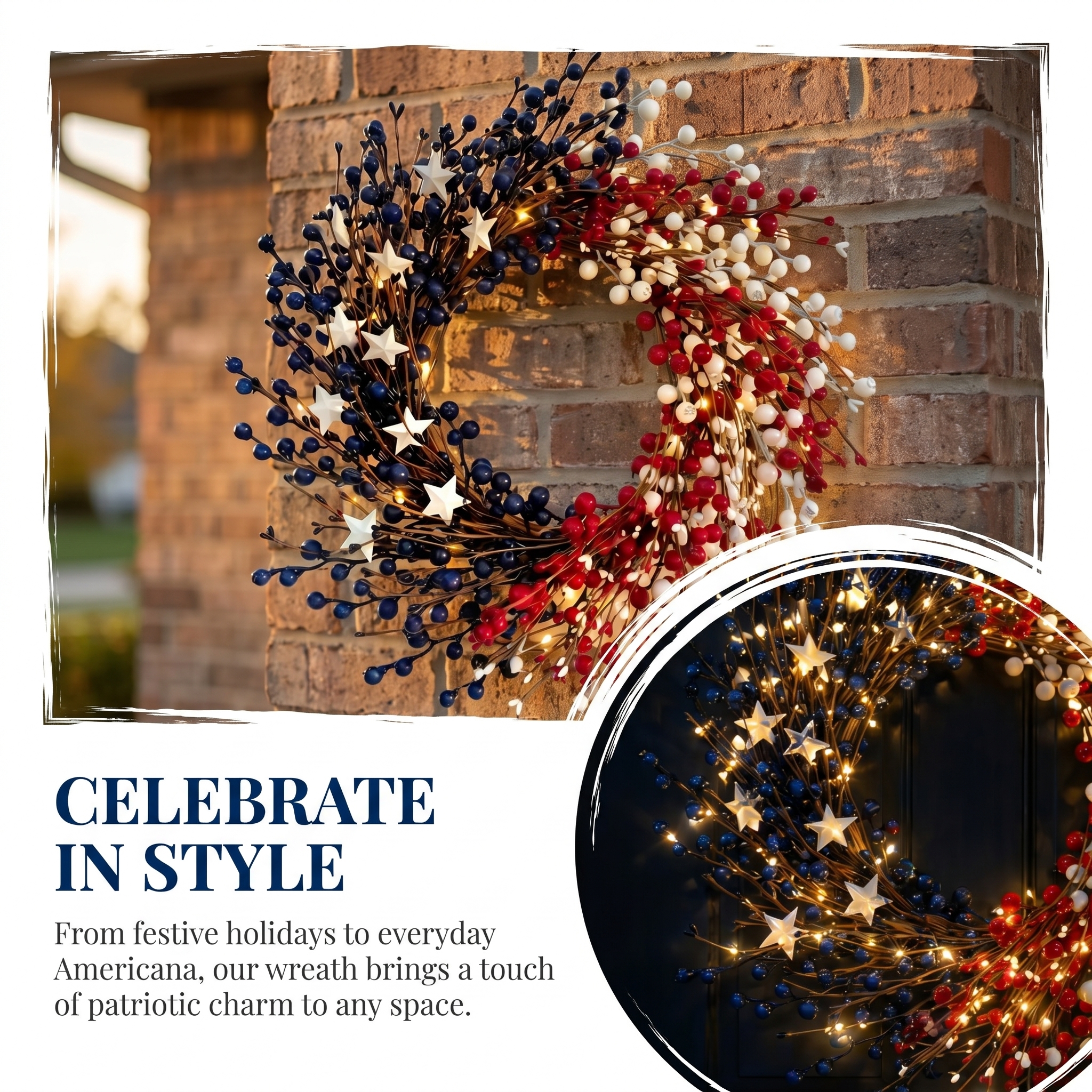 Lighted Patriotic Berry Wreath with Warm LED String Lights