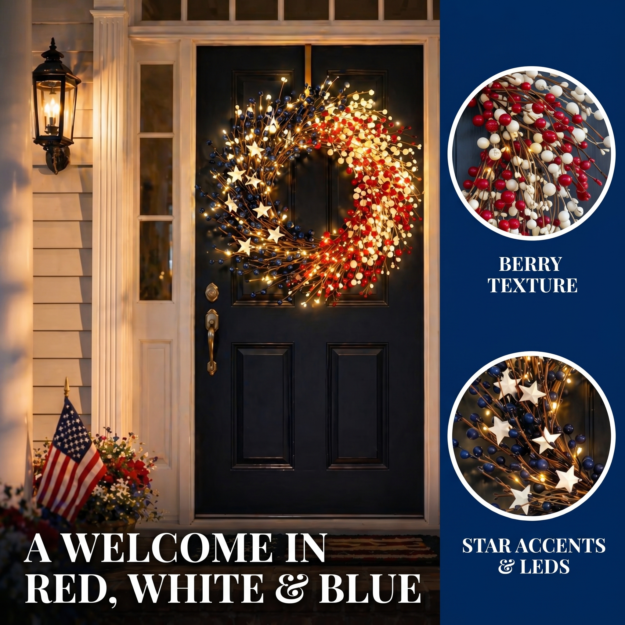 Lighted Patriotic Berry Wreath with Warm LED String Lights