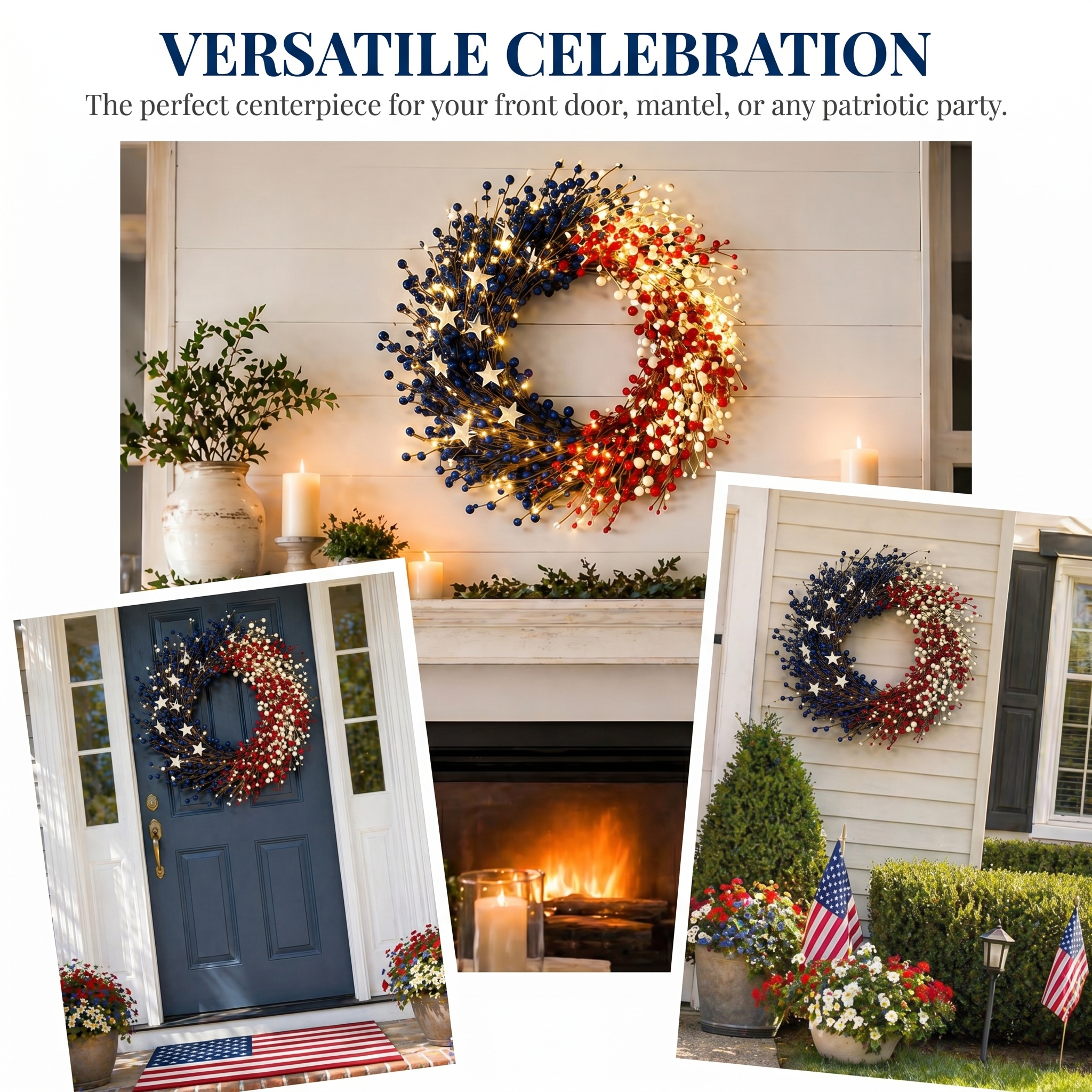 Lighted Patriotic Berry Wreath with Warm LED String Lights