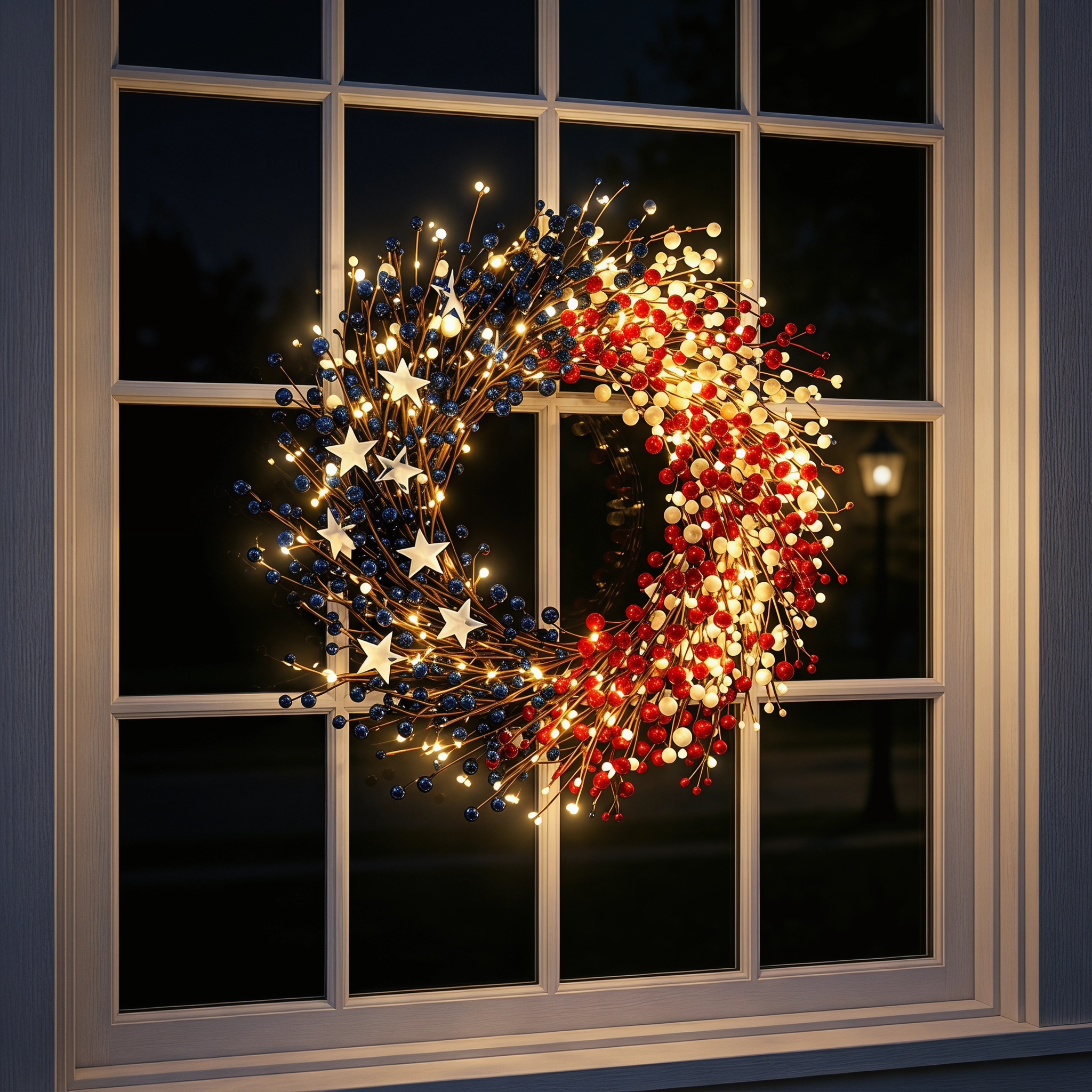 Lighted Patriotic Berry Wreath with Warm LED String Lights