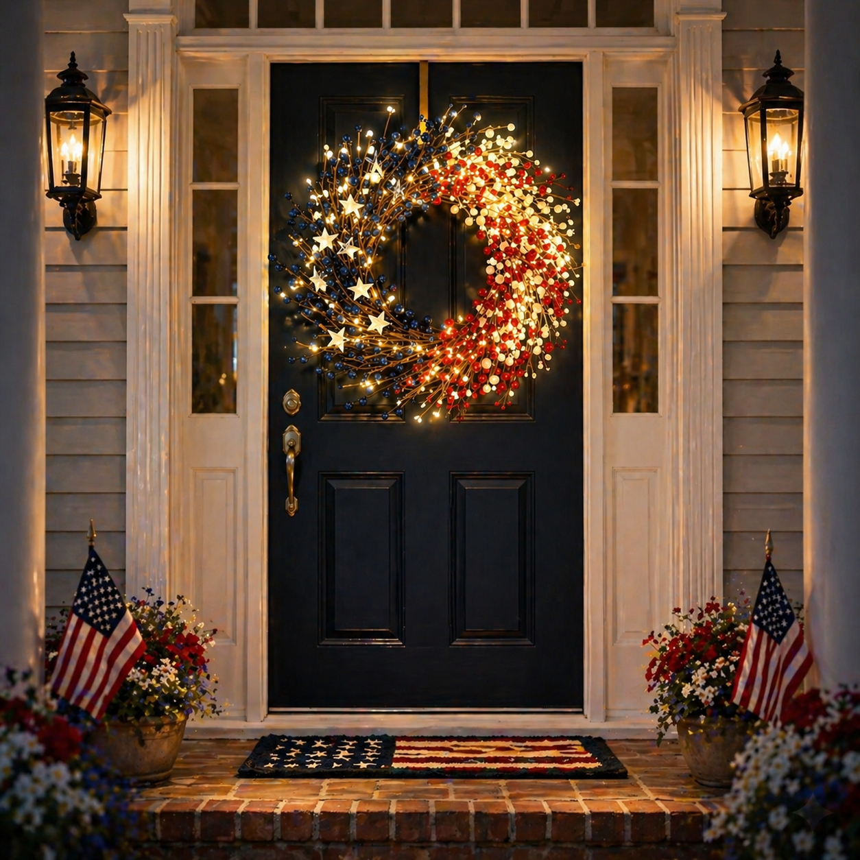 Lighted Patriotic Berry Wreath with Warm LED String Lights
