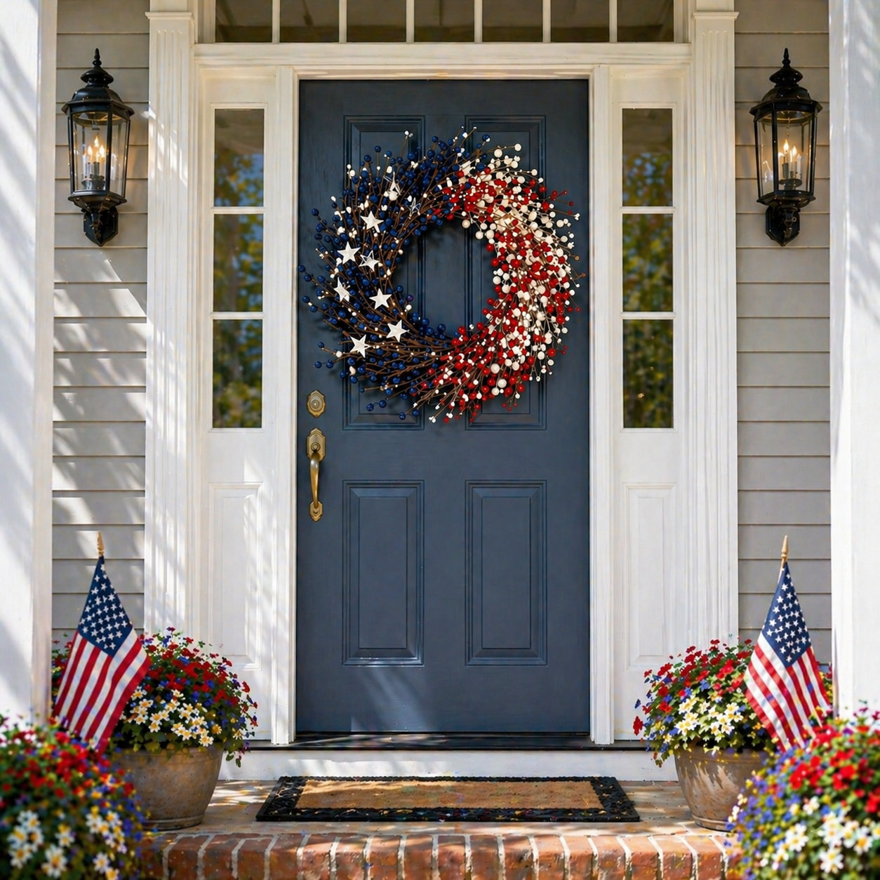 Lighted Patriotic Berry Wreath with Warm LED String Lights