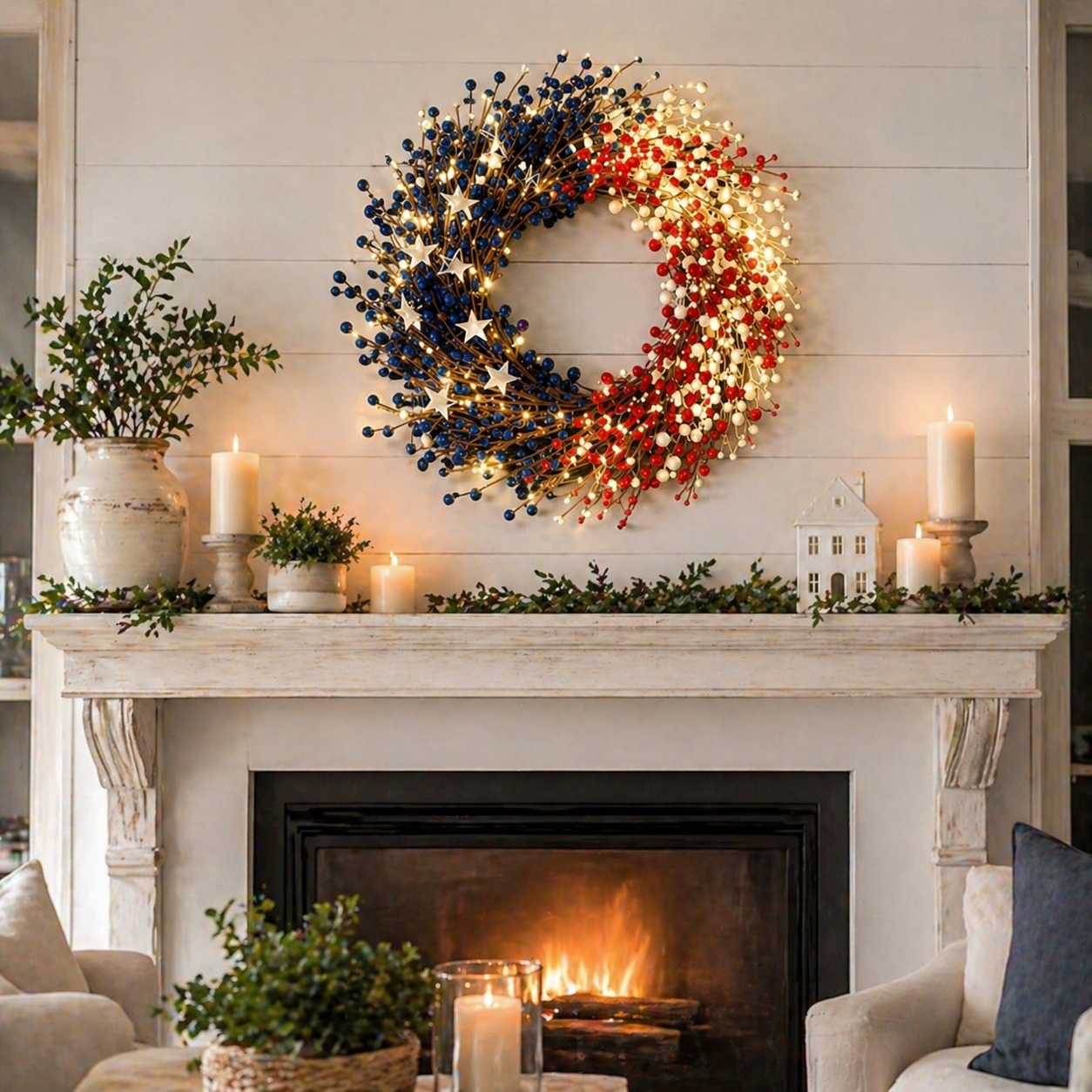 Lighted Patriotic Berry Wreath with Warm LED String Lights