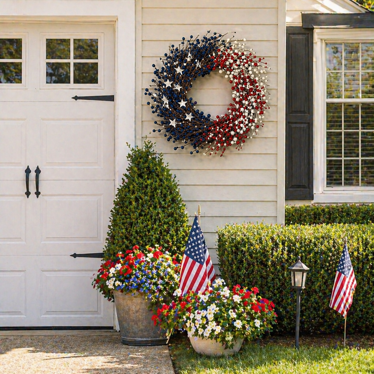 Lighted Patriotic Berry Wreath with Warm LED String Lights