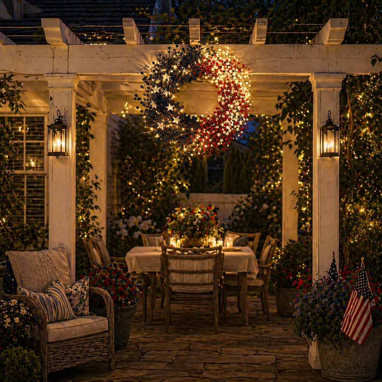 Lighted Patriotic Berry Wreath with Warm LED String Lights
