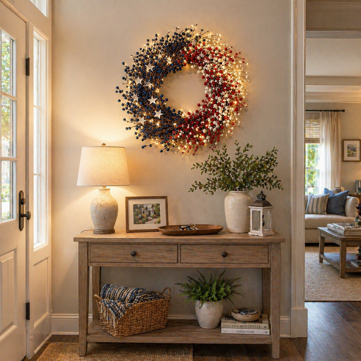 Lighted Patriotic Berry Wreath with Warm LED String Lights