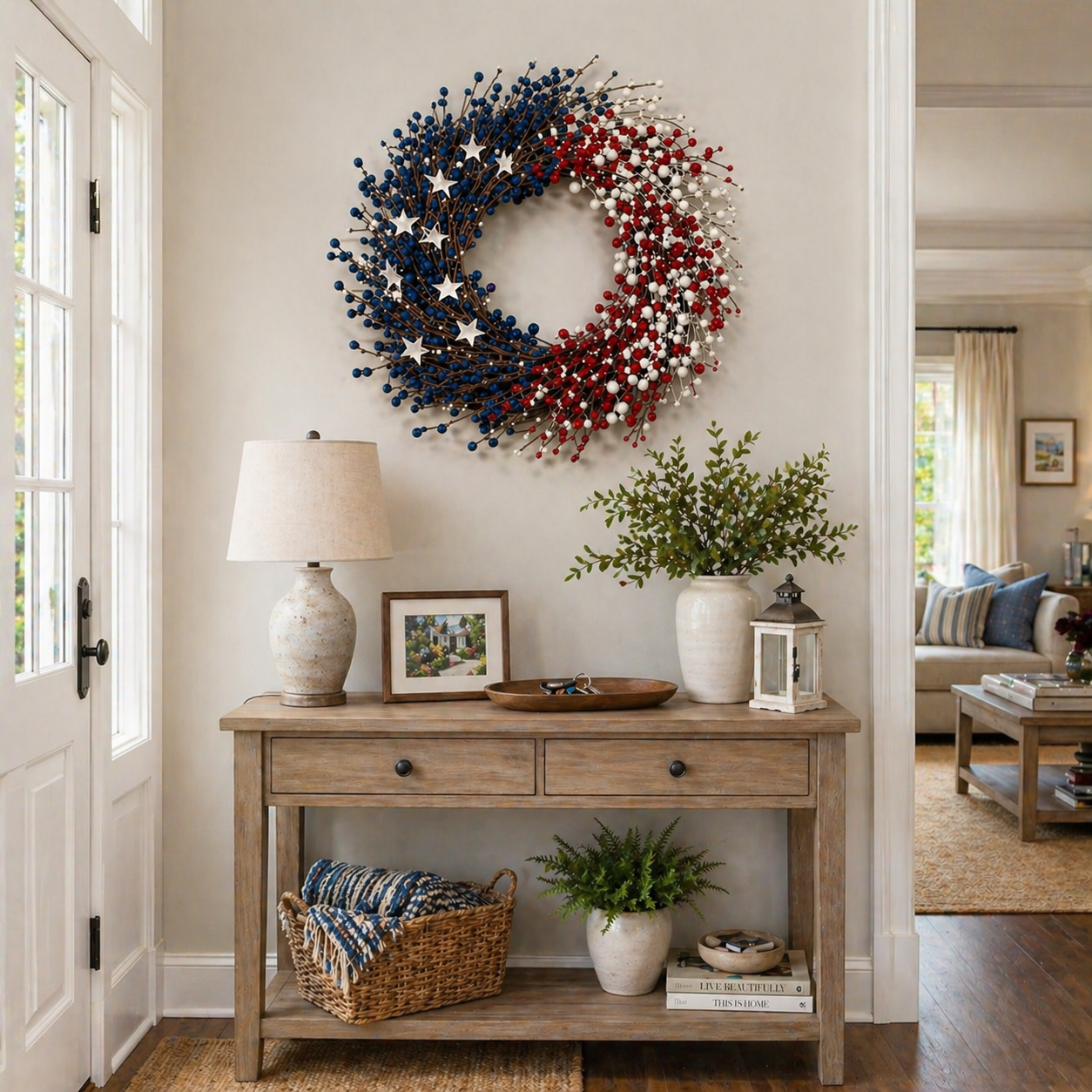 Lighted Patriotic Berry Wreath with Warm LED String Lights